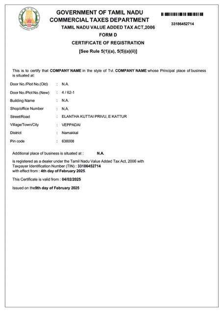 India Tamil Nadu VAT registration certificate Word and PDF template